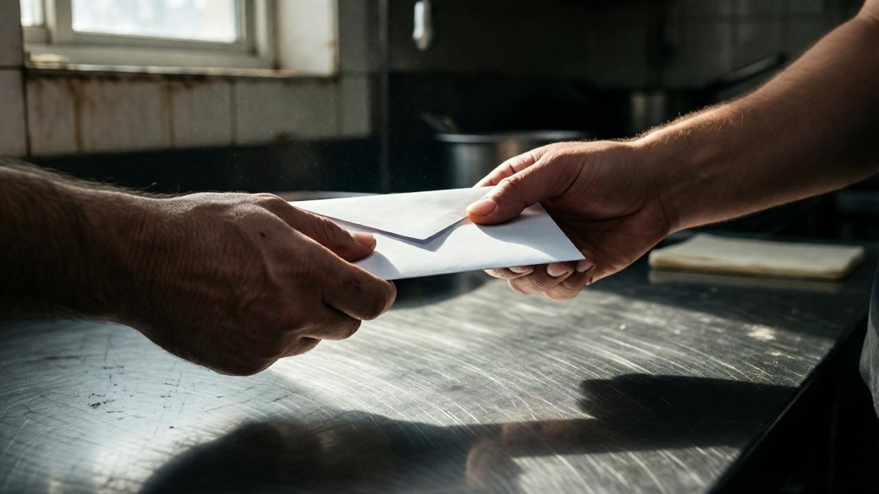Eine detailreiche Nahaufnahme in düsterem, dramatischem Licht: Zwei Hände – eine grob und mit kleinen Narben, die andere gepflegt – tauschen einen weißen Briefumschlag über einem schmutzigen Edelstahl-Arbeitstisch in einer Restaurantküche aus. Das Licht fällt schräg von einem kleinen Fenster ein, wirft lange Schatten und lässt den Staub in der Luft tanzen. Die Stimmung ist angespannt und voller unausgesprochener Erwartung. Die Komposition ist eng, der Fokus liegt auf dem Umschlag und den Händen.