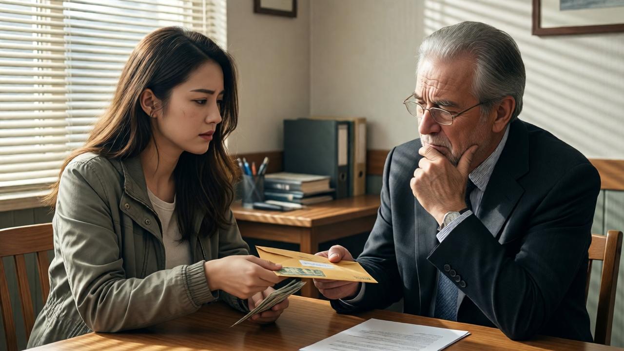 Emotionale Szene in einem schlichten Restaurantbüro: Eine junge, erschöpfte Frau in einer einfachen Jacke übergibt einem älteren, nachdenklichen Mann in einem Anzug einen Geldumschlag. Das Morgenlicht fällt durch Jalousien und zeichnet Streifenmuster auf den Boden. Der Ausdruck der Frau ist entschlossen und ehrlich, der des Mannes zeigt tiefe Verwirrung und beginnende Demut. Die Farben sind gedämpft, mit einem warmen Akzent auf dem Umschlag. Die Perspektive ist aus der Ecke des Raumes, als ob man Zeuge eines privaten, intimen Moments wird.