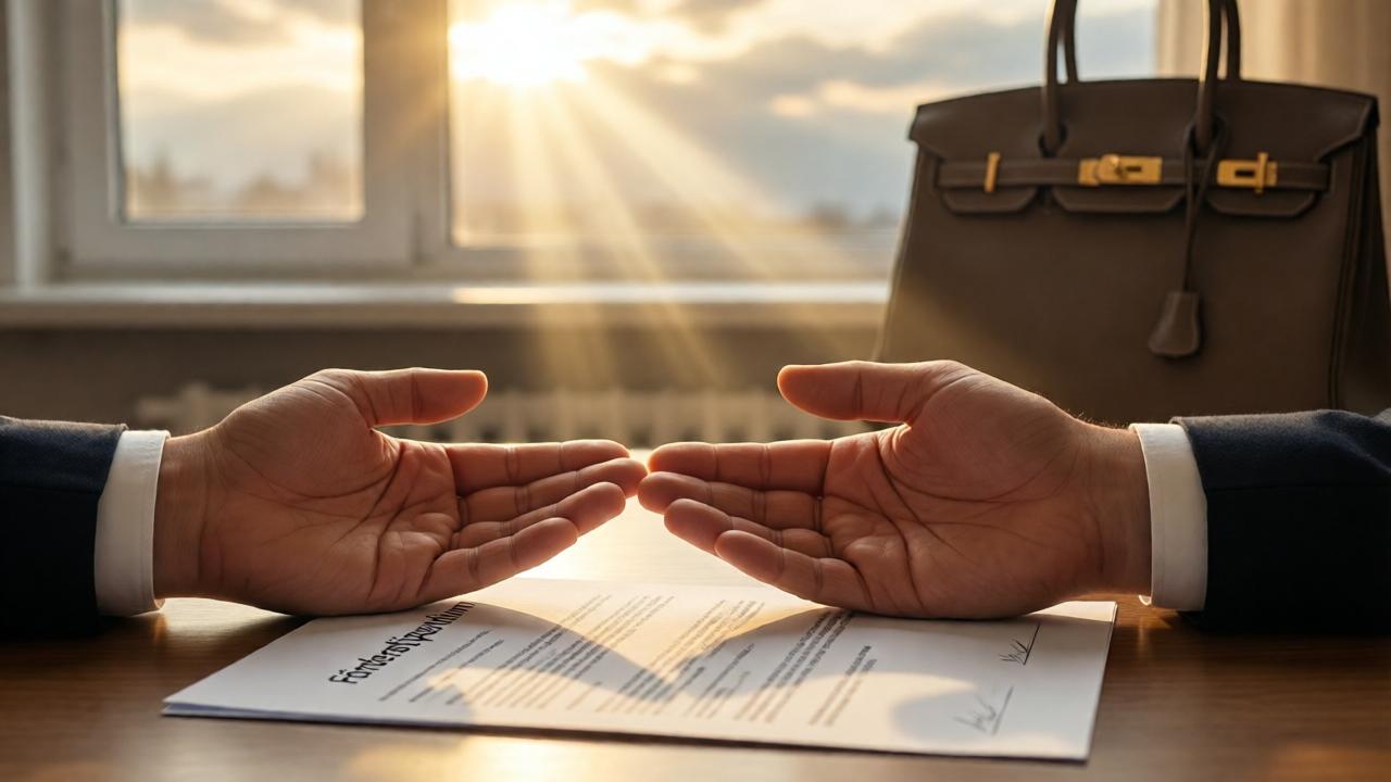 Symbolisches, hoffnungsvolles Bild: Zwei Hände – dieselben wie im ersten Bild – liegen nun offen und vertrauensvoll nebeneinander auf einem Vertragspapier auf einem Schreibtisch. Ein Sonnenstrahl bricht durch Wolken und beleuchtet die Szene warm und verheißungsvoll. Auf dem Papier sind die Worte 'Förderstipendium' zu erkennen. Im Hintergrund, unscharf, steht eine teure Handtasche auf einem Regal, jetzt irrelevant. Die Stimmung ist versöhnlich und zukunftsorientiert, die Farben werden wärmer, die Komposition offen und einladend.