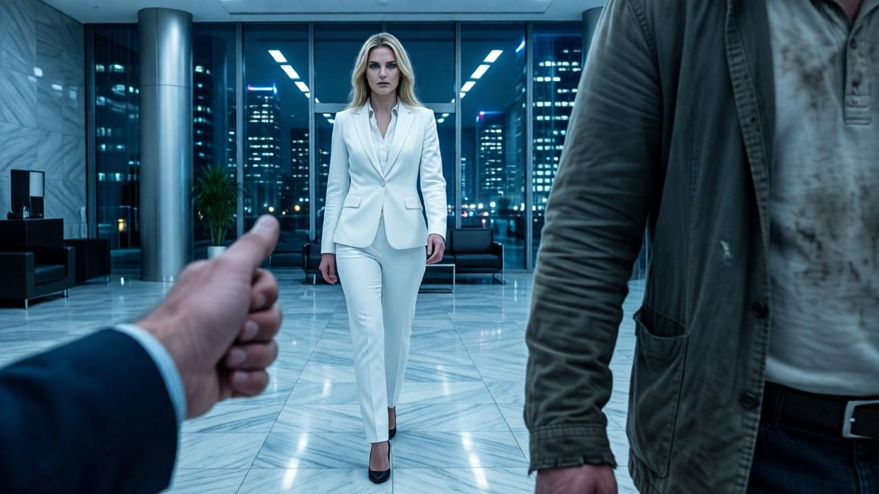 Dramatische Szene in einer modernen, sterilen Unternehmenslobby aus der Perspektive des Protagonisten. Im Vordergrund die grobe Hand eines Sicherheitsmannes am Arm eines Mannes in abgetragener, schmutziger Kleidung. Im Hintergrund nähert sich eine hochgewachsene, blonde Frau in einem scharfen, weißen Business-Anzug, ihre Absätze klacken auf dem glänzenden Marmorboden. Ihr Gesicht ist eiskalt und entschlossen, hinter ihr spiegeln sich in Glasfassaden die Lichter der Stadt. Kühle, blaue Farbtöne dominieren, nur ihr Anzug sticht in reinem Weiß hervor. Cinematografischer Stil mit starkem Kontrast zwischen Armut und Reichtum.