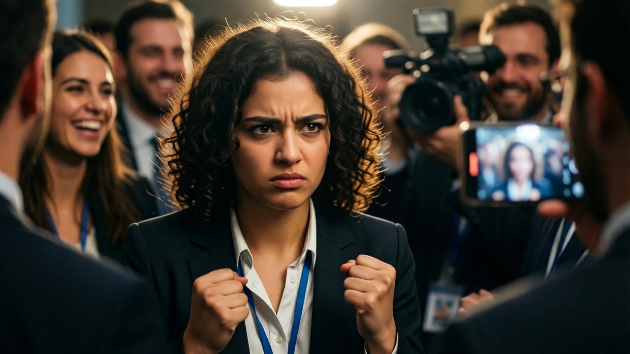 Eine Nahaufnahme einer jungen Frau, Mira, die entschlossen durch eine Menschenmenge in Businesskleidung blickt. Sie ist klein, hat lockiges, dunkles Haar und trägt ein schlichtes Praktikanten-Badge um den Hals. Ihr Gesichtsausdruck ist eine Mischung aus Wut und Mitgefühl, ihre Hände sind zu Fäusten geballt. Im unscharfen Hintergrund sind lachende, filmende Gesichter und Smartphone-Bildschirme zu erkennen. Das Licht fällt dramatisch von oben, beleuchtet ihr Gesicht und lässt den Rest in düsteren Schatten verschwimmen. Emotionaler, realistischer Stil mit warmen Akzenten auf ihrer Person.