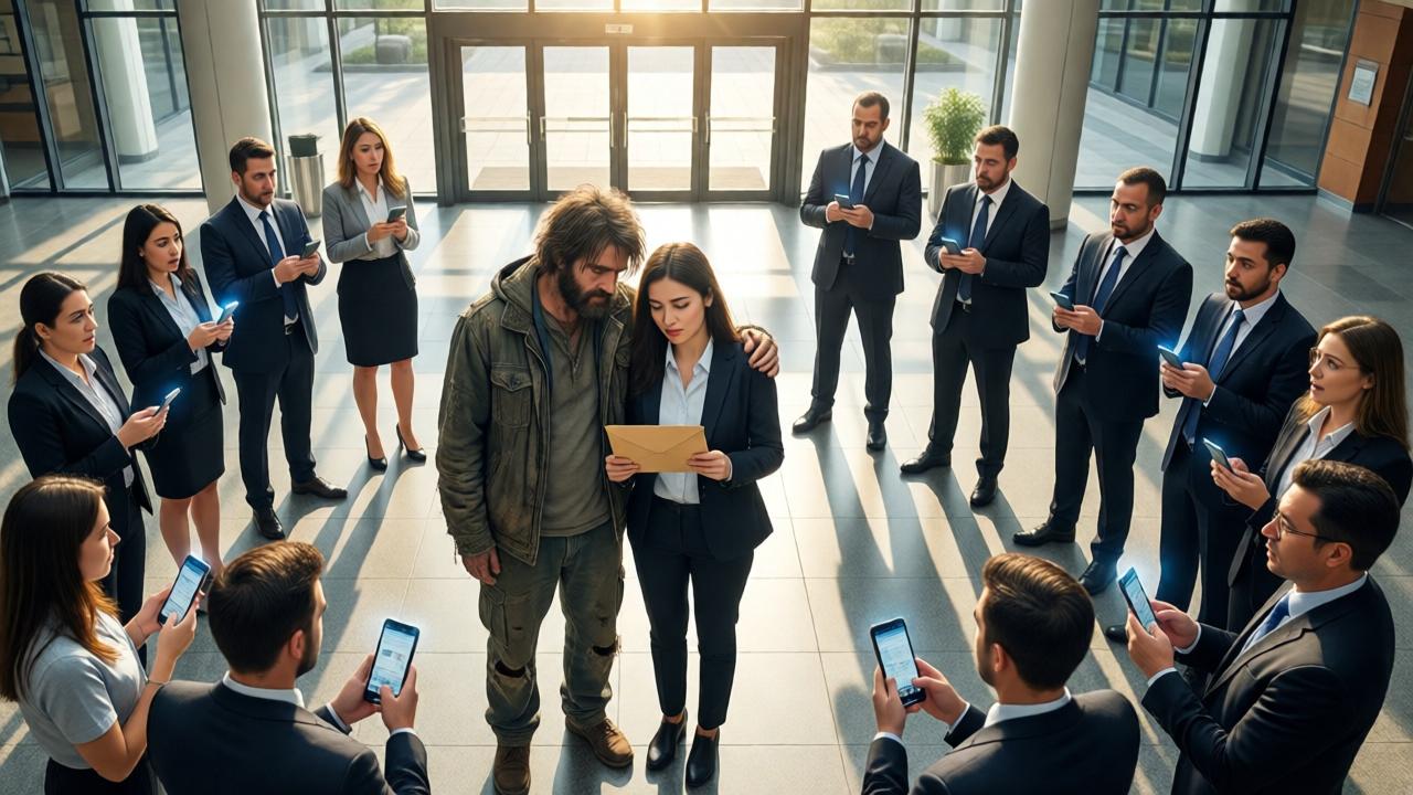 Ein kraftvolles Bild aus der Vogelperspektive. In der Mitte der leeren, riesigen Lobby stehen zwei Personen eng beieinander: der obdachlos wirkende Mann und die kleine Praktikantin Mira, die einen braunen Umschlag in der Hand hält. Um sie herum im Kreis stehen schockierte Angestellte und Security, alle blicken auf ihre klingelnden oder leuchtenden Smartphones. Durch die hohe Glasfassade fällt gleißendes Sonnenlicht und wirft lange Schatten. Die Komposition ist symmetrisch und betont die Isolation und dann die plötzliche Wendung des Moments. Hyperrealistischer Stil mit starkem Fokus auf Licht und Gesichtsausdrücke.