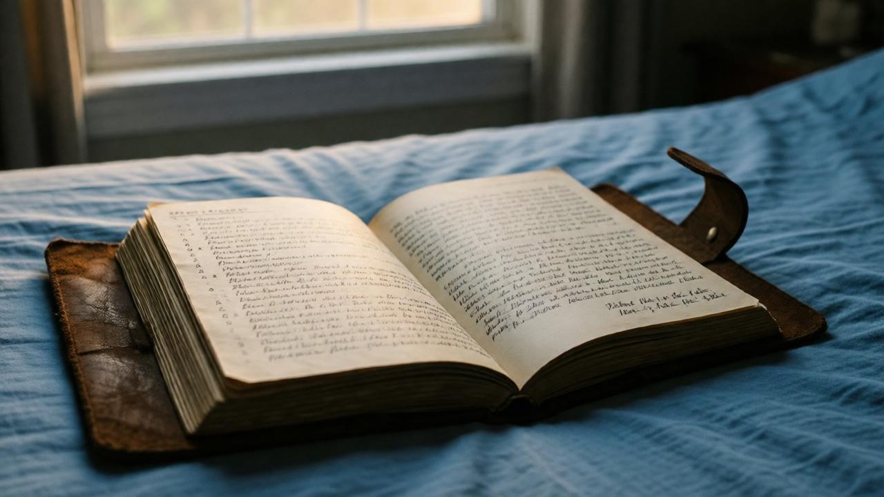 Ein emotionales, realistisches Foto: Ein schlichtes, abgenutztes ledergebundenes Tagebuch liegt geöffnet auf einem Bett mit einer einfachen, blauen Decke. Das Licht des späten Nachmittags fällt weich durch ein Fenster und beleuchtet die eng beschriebenen Seiten. Auf einer Seite ist eine Einkaufsliste mit bescheidenen Artikeln zu sehen, auf der anderen ein paar handschriftliche Zeilen über müde Füße. Die Stimmung ist introspektiv, melancholisch und zutiefst persönlich.