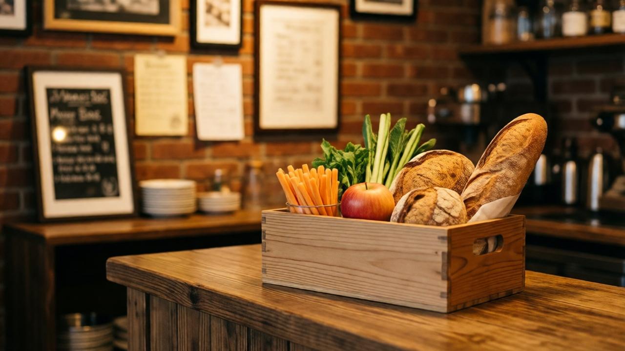 Ein warmes, einladendes Innenraumfoto eines kleinen Cafés namens 'Mamas Box'. Der Fokus liegt auf einer Holztheke, auf der eine schlichte, aber liebevoll angerichtete Brotbox mit frischem Brot, Gemüsesticks und einem Apfel präsentiert wird. Im unscharfen Hintergrund sind an einer Ziegelwand gerahmte, handgeschriebene Notizen und Einkaufslisten zu erkennen. Die Beleuchtung ist weich und warm, die Atmosphäre ist einladend und nostalgisch, ein Ort der Erinnerung und des Trostes.