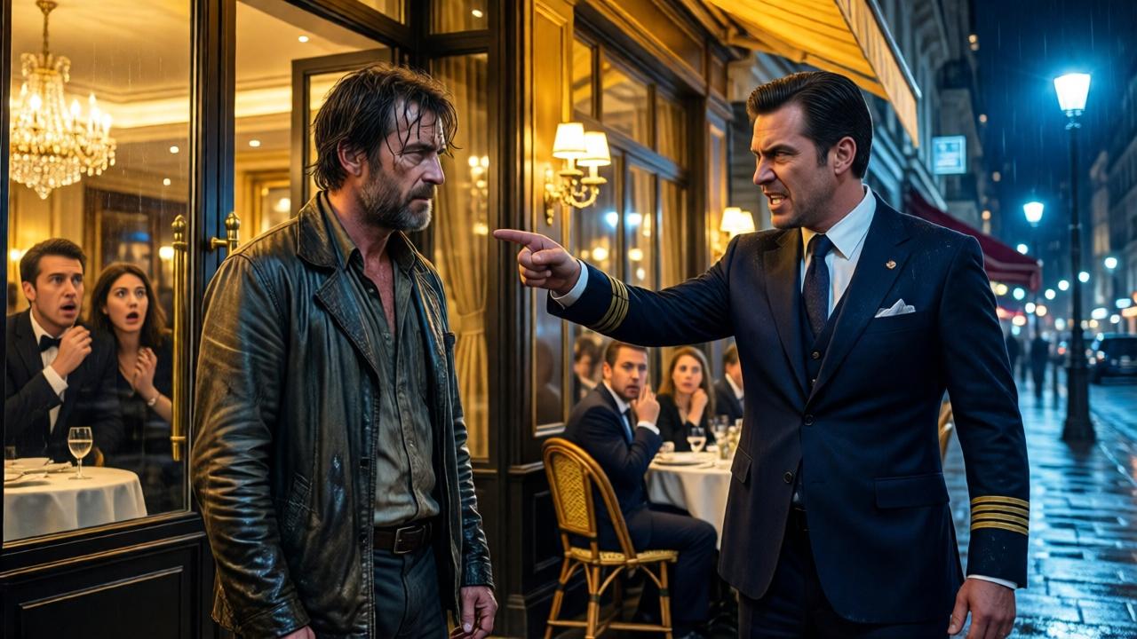 Dramatische Szene vor einem luxuriösen Restaurant mit goldener Beleuchtung und großen Glasfronten. Ein heruntergekommener Mann mit nasser Kleidung steht ruhig da, während ein wütender Manager in schicker Uniform vor ihm steht und mit dem Finger auf ihn zeigt. Im Hintergrund sind schockierte, gut gekleidete Gäste zu sehen, die aus dem Restaurant herausstarren. Stil: hyperrealistisch, cineastisch. Stimmung: angespannt, vor einer Wende. Beleuchtung: kontrastreich, mit goldenem Licht aus dem Restaurant und kühlem blauen Licht der Straßenlaternen. Farben: warmes Gold, Tiefblau, Akzent der nassen, schmutzigen Kleidung. Komposition: niedriger Blickwinkel, der den Bettler leicht heroisch erscheinen lässt. Perspektive: aus der Sicht eines Gast.