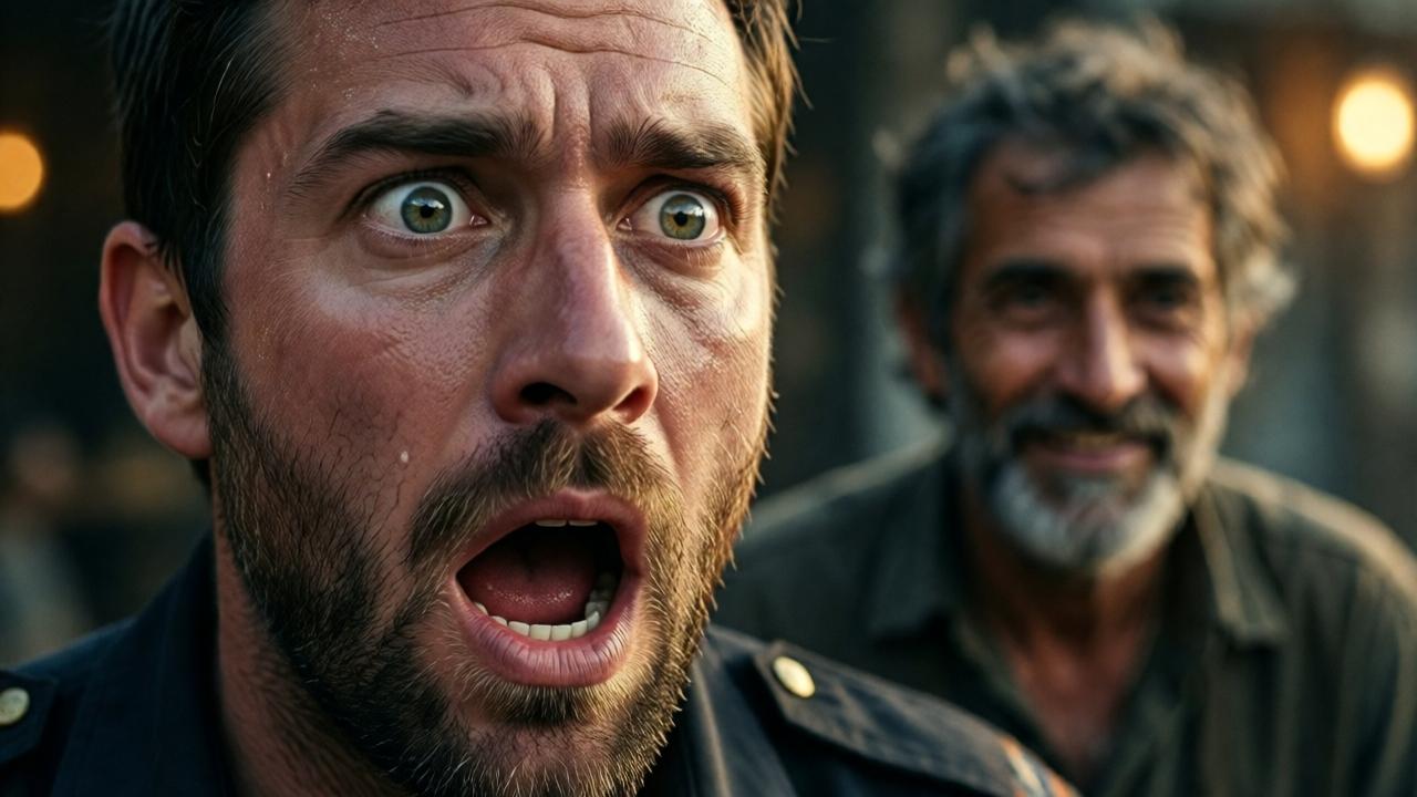 Close-up des Gesichts des Managers in extremem Schock. Seine Augen sind weit aufgerissen, sein Mund steht offen, alle Farbe ist aus seinem Gesicht gewichen. Im unscharfen Hintergrund ist der ruhige, lächelnde Bettler zu sehen. Stil: fotografischer Realismus, emotional intensiv. Stimmung: schockierend, erkenntnisreich. Beleuchtung: hartes Seitenlicht, das jeden Schweißtropfen und jedes Zucken in seinem Gesicht einfängt. Farben: blasse Hauttöne, kontrastiert mit der dunklen Uniform und den warmen Lichtern im Hintergrund. Komposition: extrem nah, um die Emotionen einzufangen. Perspektive: auf Augenhöhe des Managers.