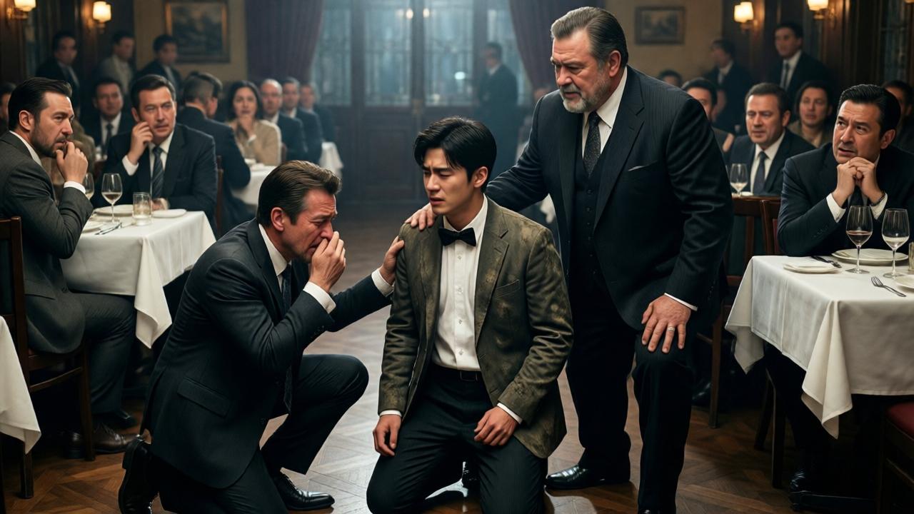 Finale Szene: Der Manager kniet verzweifelt und weinend auf dem Boden vor dem jungen Mann (jetzt in sauberer, eleganter Kleidung, die unter der schmutzigen Jacke zum Vorschein kommt) und seinem Vater, einem imposanten Geschäftsmann. Die Restaurantgäste schauen ehrfürchtig und beschämt zu. Stil: dramatisches Finale, filmisch. Stimmung: gerechte Genugtuung und Reflexion. Beleuchtung: fokales Licht auf die drei Hauptfiguren, der Rest in Halbschatten. Farben: Kontrast zwischen der dunklen Eleganz der Altlers und der hellen, jetzt lächerlichen Uniform des Managers. Komposition: Weitwinkel, der die gesamte Machtverschiebung einfängt. Perspektive: leicht erhöht, wie von einer Tribüne aus.