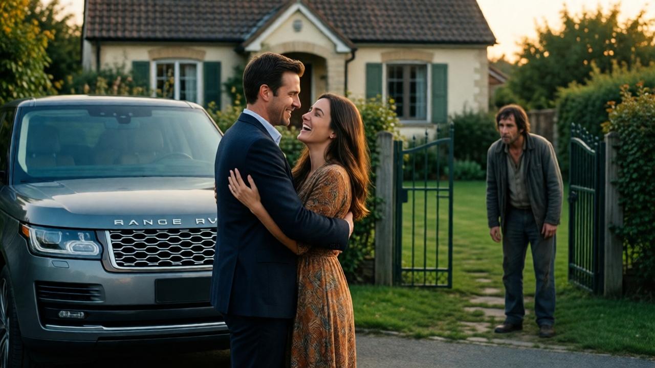 Eine emotionale Szene vor einem kleinen, aber gepflegten Haus im Abendlicht. Im Vordergrund steht ein neuer, eleganter Range Rover. Davor umarmen sich ein Mann und eine Frau (Thomas und Maria) voller Freude. Am Gartentor, leicht unscharf im Hintergrund, steht eine dritte, gebeugte Gestalt (Stefan) in abgenutzter Kleidung, die zögernd auf das Paar blickt. Die Stimmung ist kontrastreich: warme Freude im Vordergrund, kühle Unsicherheit und Scham im Hintergrund. Stil: cinematografisches Foto mit emotionaler Tiefenschärfe. Licht: warmes, goldenes Stunden-Licht, das lange Schatten wirft. Farben: warmes Gold und Grün kontrastiert mit kühleren Blau- und Grautönen bei der Figur am Tor.