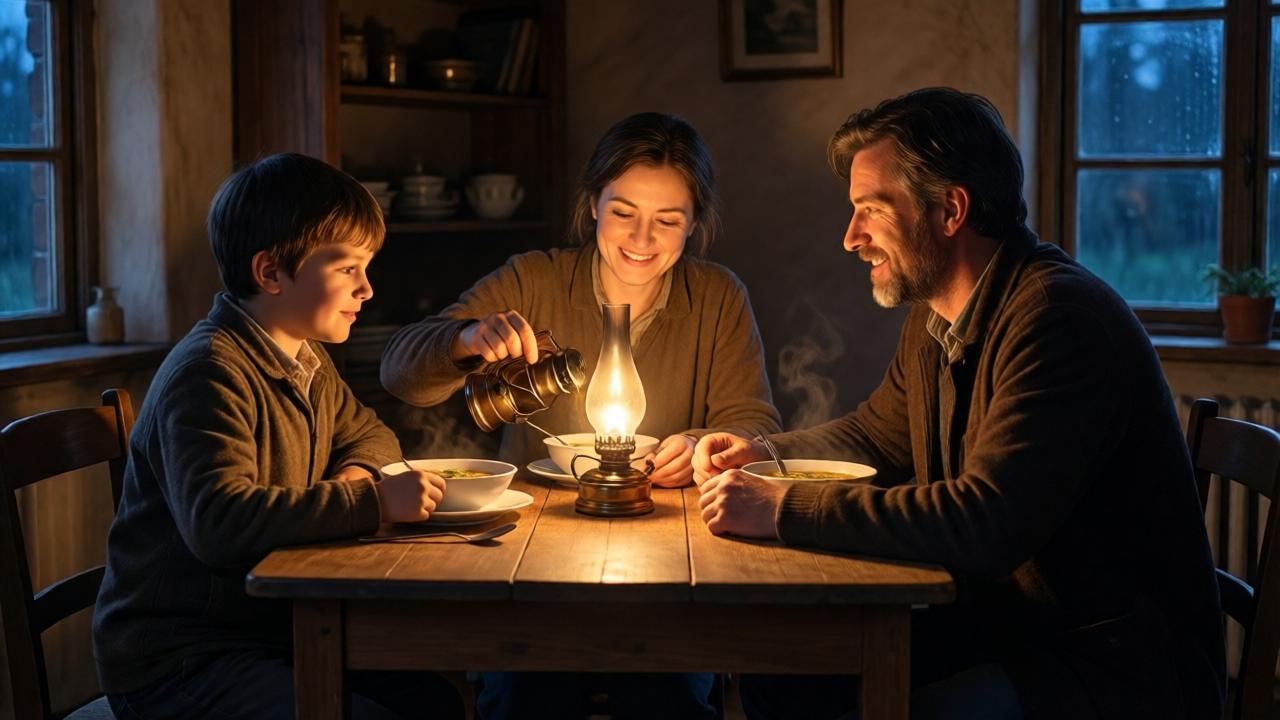 Ein intimes, ruhiges Interieur bei Nacht. Drei Personen sitzen an einem einfachen Holztisch unter dem warmen Licht einer Petroleumlampe. Maria schenkt ihrem Bruder Stefan lächelnd Suppe nach, während Thomas ihm gegenüber sitzt und ein offenes, einladendes Gespräch führt. Die Atmosphäre ist friedlich, versöhnlich und warm. Die Einrichtung ist bescheiden, aber liebevoll. Der Fokus liegt auf den ausdrucksstarken Gesichtern und den Händen, die sich über den Tisch hinweg fast berühren. Stil: malerisch, mit Rembrandt-ähnlicher Lichtführung (Chiaroscuro). Farben: tiefe, warme Brauntöne, gesättigte Ocker- und Rottöne im Lampenlicht, die in kühle Blautöne der Nacht an den Rändern übergehen.