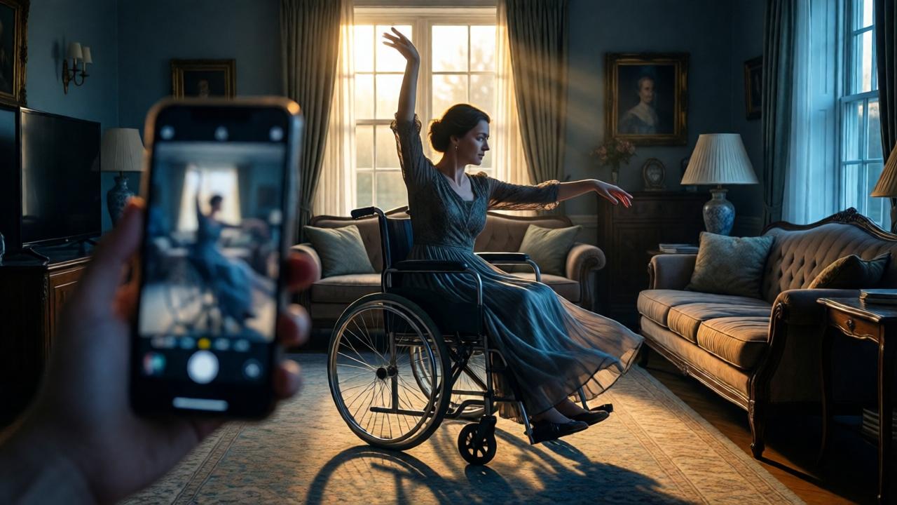 Eine dramatische Innenaufnahme aus der Perspektive des Mädchens. Im Vordergrund unscharf ihre zitternde Hand, die ein Smartphone hält. Im Fokus steht die Stiefmutter im Mittelpunkt eines eleganten Wohnzimmers, in einem fließenden Kleid, in einer anmutigen Tanzpose erhoben, wo sie doch im Rollstuhl sitzen sollte. Das Licht der untergehenden Sonne wirft lange, bedrohliche Schatten. Stil: Cinematographisch, hoher Kontrast zwischen den warmen Lichtstrahlen und den kalten Blautönen der Dämmerung. Emotion: Schock und Entdeckung.