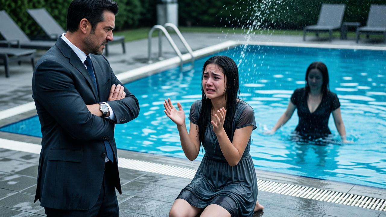 Ein emotional aufgeladener Moment am Poolrand. Der Vater, in einem teuren Anzug, steht wutentbrannt und mit verschränkten Armen da, den Blick abgewandt. Vor ihm kniet seine Tochter auf den nassen Fliesen, ihr Kleid ist vom Spritzwasser feucht, ihr Gesicht ist verzweifelt und tränenüberströmt, die Hände flehend erhoben. Im Hintergrund, im Pool, ist die Stiefmutter als verschwommene, dramatische Silhouette zu sehen, die sich anscheinend an den Poolrand klammert. Die Komposition ist dynamisch und voller Spannung. Stil: Emotionales Drama, Fokus auf den Gesichtsausdrücken von Vater und Tochter. Farben: Kühle Blau- und Grautöne, unterbrochen von der grellen Farbe des Poolwassers.