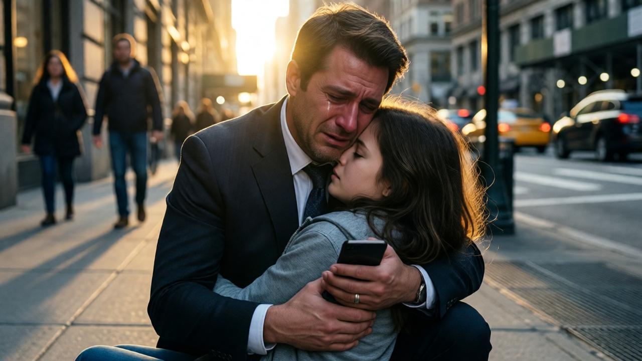 Ein bewegender Versöhnungsmoment auf einem städtischen Bürgersteig am frühen Morgen. Der Vater kniet im Anzug, sein Gesicht ist von Tränen und unendlichem Schmerz gezeichnet, er hält seine bewusstlose Tochter fest in den Armen, ihr Kopf ruht an seiner Schulter. In seiner Hand hält er das entscheidende Smartphone mit dem laufenden Video. Das Licht der Morgensonne bricht durch die Gebäude und beleuchtet die Szene wie einen Heiligenschein, der den dunklen Moment der Wahrheit erhellt. Im Hintergrund unscharfe Passanten und der Stadtverkehr. Stil: Cinematographisches Drama mit starkem emotionalem Fokus. Farben: Warmes Gold der Sonne kontrastiert mit den kalten Grautönen des Betons und der Trauer.