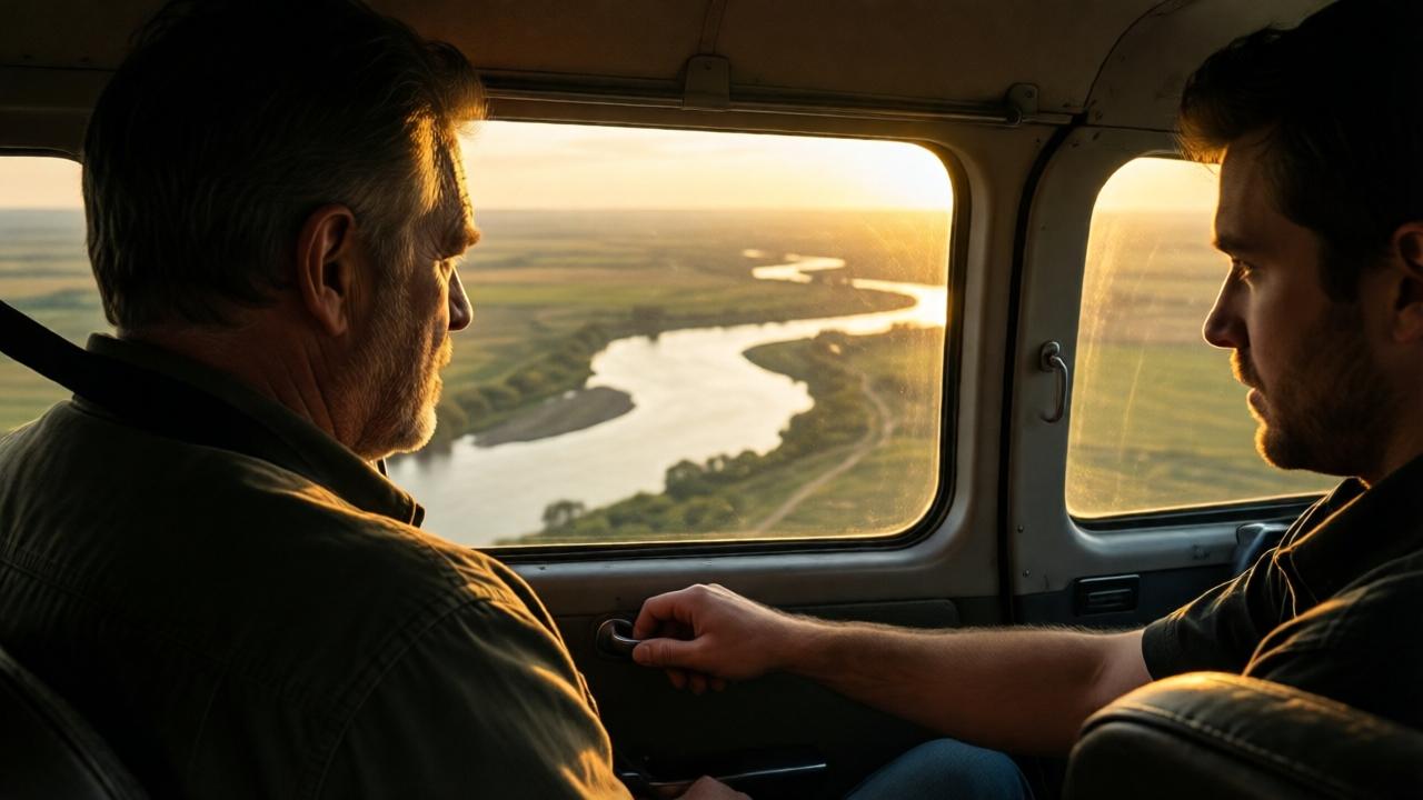 Eine dramatische, kinematografische Aufnahme aus der Perspektive innerhalb eines kleinen Propellerflugzeugs. Durch das Fenster sieht man die weite, von der Abendsonne golden beleuchtete Ranchlandschaft mit dem silbrigen Band des Blackwater River. Im Vordergrund der Rücken eines älteren Mannes (Onkel Robert) mit angespannten Schultern und die Hand eines jüngeren Mannes (Cousin Jason), die sich zur Türklinke ausstreckt. Die Stimmung ist gespannt, bedrohlich, das Licht ist warm, aber die Schatten sind lang und tief. Die Komposition ist eng, um ein Gefühl der Falle zu erzeugen.
