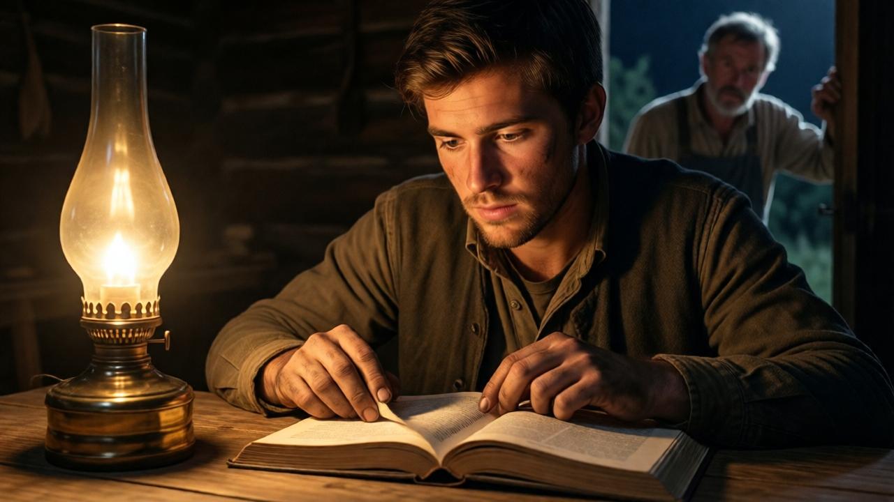 Eine emotionale, detailreiche Nahaufnahme. Ein junger Ethan, Mitte 20, sitzt nachts an einem einfachen Holztisch. Sein Gesicht ist vom schwachen, goldenen Licht einer alten Öllampe beleuchtet, die Schatten wirft auf aufgeschlagene medizinische Lehrbücher. Seine Hände sind fleckig von Erde, aber seine Finger blättern konzentriert die Seiten um. Im Hintergrund ist die schützende Silhouette des alten Farmers Thomas zu sehen, der in der Türrahmen lehnt und mit einem Ausdruck stolzer Zuneigung zuschaut. Die Stimmung ist intimer, hoffnungsvoller Fokus, ein Moment der stillen Entschlossenheit.