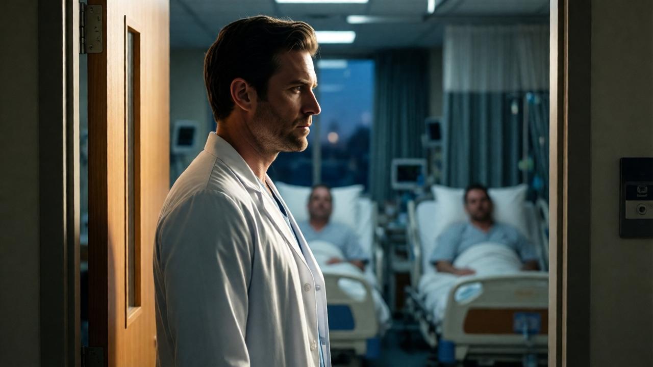 Ein kraftvolles, kontrastreiches Schlussbild im Krankenhausflur. Dr. Ethan Carter, jetzt ein Mann in seinen besten Jahren, steht im Profil im Türrahmen eines Krankenzimmers, sein weißer Kittel ist im Rückenlicht leicht erleuchtet. Sein Gesicht zeigt weder Wut noch Triumph, sondern eine tiefe, melancholische Würde und einen Frieden, der schwer erkämpft wurde. Durch die geöffnete Tür sieht man im unscharfen Hintergrund die beiden bettlägerigen Männer (Robert und Jason). Die Komposition nutzt Licht und Schatten, um den moralischen Kontrast zu betonen: Ethan steht im Licht der Erlösung, während die anderen in der Dämmerung ihrer Taten liegen. Die Stimmung ist cinemascope-artig, nachdenklich und bewegend.