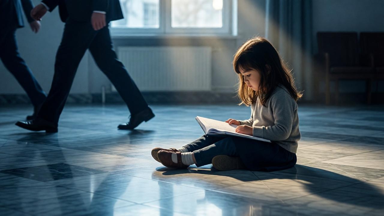 Cinematische Aufnahme aus der Perspektive des Flurbodens: Ein kleines Mädchen in einfacher Kleidung sitzt mit einem Schulheft auf dem glänzenden, kalten Marmor. Im Hintergrund verschwommene Beine teurer Anzüge, die vorbeieilen. Das Licht fällt dramatisch durch ein Fenster und beleuchtet nur das Mädchen, während der Rest in Halbschatten liegt. Stimmung: Einsamkeit, soziale Ungleichheit, wartende Spannung. Farbpalette: Kühle Blau- und Grautöne mit einem warmen Lichtkegel auf dem Kind.