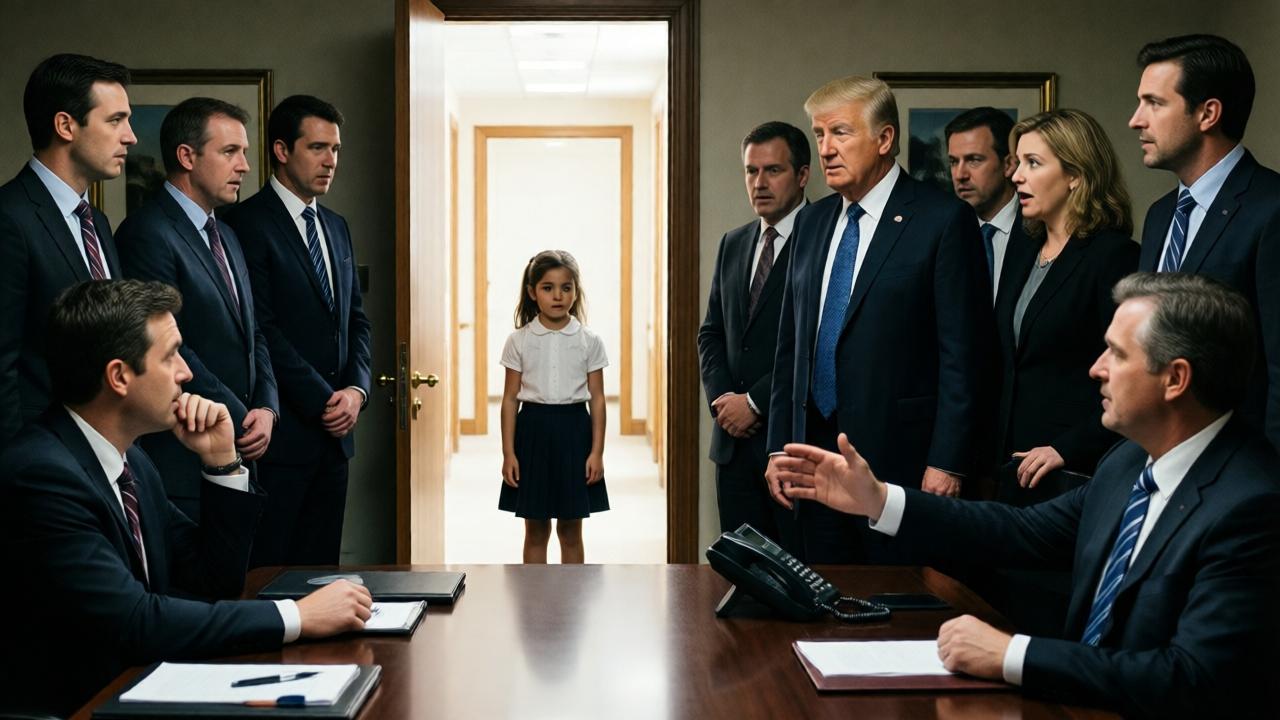 Dramatische Momentaufnahme im Konferenzraum: Ein junges Mädchen steht in der Türöffnung, silhouettenhaft vor dem hellen Licht des Flurs. Alle Anwesenden – gut gekleidete Manager und der Präsident – sind zu ihr hingewendet, ihre Gesichter zeigen ungläubiges Erstaunen. Der Präsident hat seine Hand mitten in der Bewegung zum Telefonhörer angehalten. Die Komposition ist dynamisch, der Fokus liegt auf dem Kontrast zwischen der kleinen Gestalt des Mädchens und der Macht des Raumes. Stimmung: Entscheidender Wendepunkt, gebrochene Hierarchien.