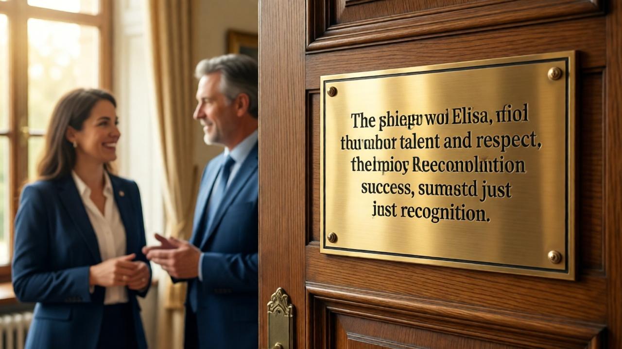 Symbolisches, hoffnungsvolles Schlussbild: Eine Nahaufnahme einer glänzenden Messing-Gedenktafel an einer edlen Holztür. Darauf eingraviert der Satz über Talent und Respekt. Im unscharfen Hintergrund ist eine erwachsene, selbstbewusste Elisa in Businesskleidung zu erkennen, die lächelnd mit einem älteren Mauro spricht. Warmes, weiches Licht fällt durch ein Fenster. Stimmung: Versöhnung, Erfolg, gerechte Anerkennung. Farbpalette: Warme Gold-, Holz- und Cremetöne, die den anfänglichen kalten Blautönen entgegengesetzt sind.