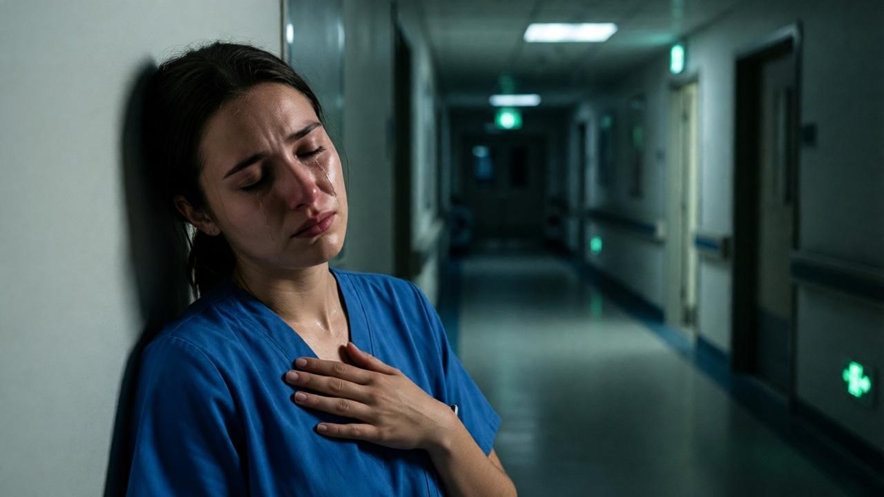 Eine junge Krankenschwester in blauer Uniform steht nachts in einem langen, schwach beleuchteten Krankenhausflur. Sie lehnt mit geschlossenen Augen an einer weißen Wand, eine Hand auf der Brust, das Gesicht von Tränen nass. Das Licht kommt nur von Notausgangsschildern und ein paar Deckenleuchten, die lange, dramatische Schatten werfen. Der Flur ist leer und klinisch sauber, die Atmosphäre ist düster und hoffnungslos. Cinematographischer Stil mit hohem Kontrast, emotionale Nahaufnahme ihres Gesichts.