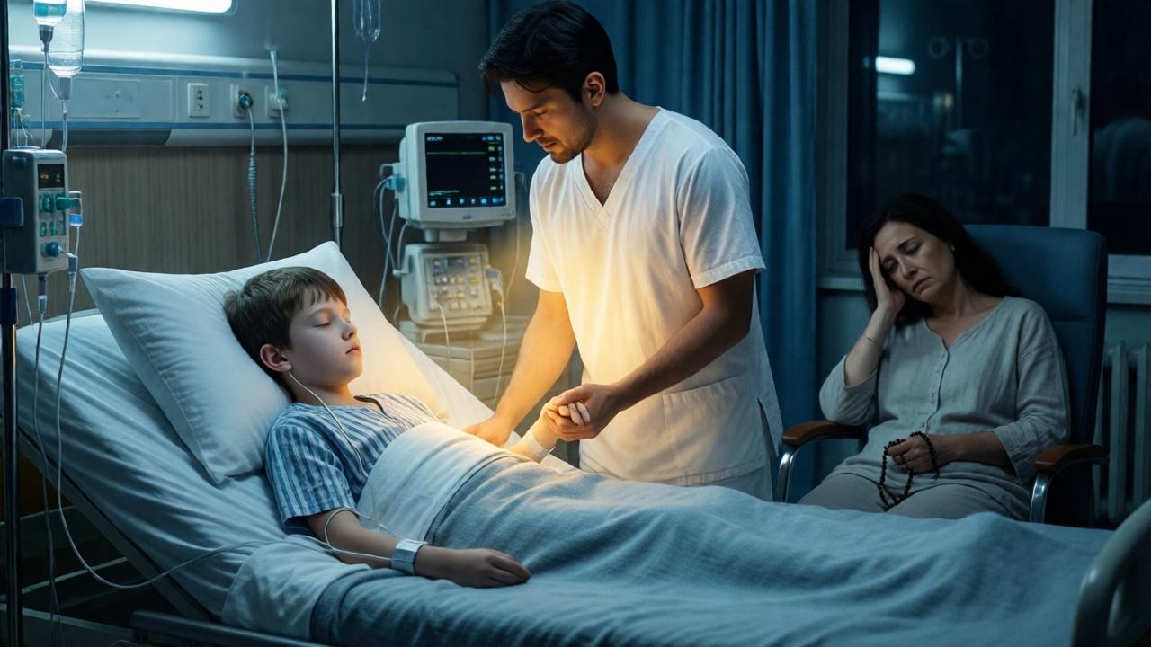 Ein schwach beleuchtetes Krankenzimmer bei Nacht. Im Bett liegt ein blasser, schlafender Junge mit geschlossenen Augen, an medizinische Geräte angeschlossen. Neben ihm sitzt eine erschöpfte Mutter, die auf einem Stuhl eingeschlafen ist, mit einem Rosenkranz in der Hand. Ein Mann in schlichten weißen Kleidern steht am Bett und hält sanft die Hand des Jungen. Ein sanftes, warmes, goldenes Licht scheint von ihm auszugehen und den Jungen zu umhüllen, während der Rest des Raumes in kühles, blaues Nachtlicht getaucht ist. Stimmung: Hoffnung mitten in der Dunkelheit, magischer Realismus.