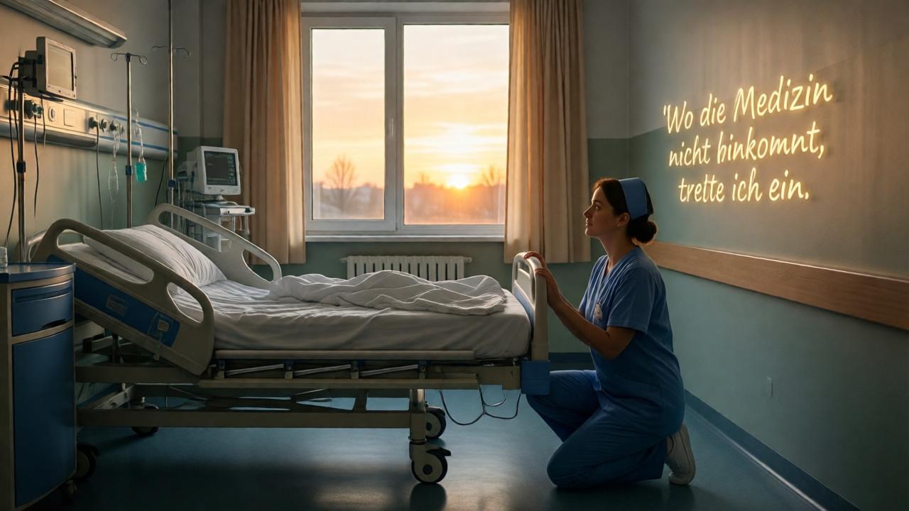 Die Krankenschwester kniet allein im leeren Krankenzimmer am Fuß des Bettes. Das Bett ist leer und frisch bezogen, die medizinischen Geräte sind abgeschaltet. Sie blickt mit einem Ausdruck tiefer Ehrfurcht und verwandelten Glaubens an eine leere Wand, auf der in einem sanften, goldenen, inneren Licht ein Satz zu schweben scheint: 'Wo die Medizin nicht hinkommt, trete ich ein.' Durch das Fenster bricht die erste Morgenröte und füllt den Raum mit warmem, hoffnungsvollem Licht. Cinematographisch, emotional, ein Moment der Transformation.