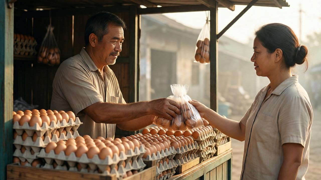 Cinematische Nahaufnahme eines bescheidenen, aber sauberen Straßenverkaufsstands mit Holzkisten voller Eierkartons im warmen Morgenlicht. Der Verkäufer, ein mittelalter Mann mit sanftem Gesichtsausdruck, reicht einer schlicht gekleideten Frau sechs Packungen. Die Stimmung ist friedlich und ruhig, mit weichen Schatten und einem Hauch von Dunst in der Luft. Farbpalette: warme Erdtöne, beige und cremefarben, mit einem Akzent des blassen Morgenhimmels. Stil: emotionales, filmisches Drama mit natürlichem Licht.