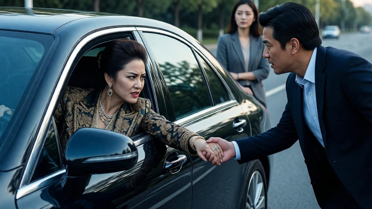 Dramatische Szene: Eine arrogante, reich gekleidete Frau in einem teuren Auto, die Tür ist zugeknallt. Sie blickt mit verächtlichem, wütendem Gesichtsausdruck aus dem geöffneten Fenster auf den verzweifelt wirkenden Verkäufer am Straßenrand, der seine Hand ausstreckt. Im Hintergrund steht die schlicht gekleidete Frau ruhig und beobachtend. Starke Kontraste zwischen dem glänzenden Luxusauto und dem bescheidenen Stand. Dramatische Beleuchtung mit harten Schatten. Stil: Spannungsgeladenes Kino-Drama, Farben: kalte Blau- und Silbertöne für das Auto, warme, gedämpfte Töne für die Umgebung.