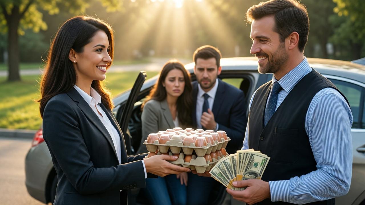 Emotionale Schlussszene: Die schlicht gekleidete Frau (jetzt als mächtige Geschäftsfrau erkennbar) steht in Würde da und blickt dem beschämten Managerpaar nach, das sich in ihr Auto zurückzieht. Im Vordergrund reicht sie dem dankbaren, erleichterten Verkäufer lächelnd die sechs Packungen Eier und zusätzlich ein Bündel Geldscheine. Die Morgensonne bricht durch und beleuchtet die Szene warm und hoffnungsvoll. Stil: Befreiendes, emotional bewegendes Cinemascope-Bild mit weichem Fokus und einer Atmosphäre der Gerechtigkeit. Farben: Goldene, hoffnungsvolle Töne dominieren.