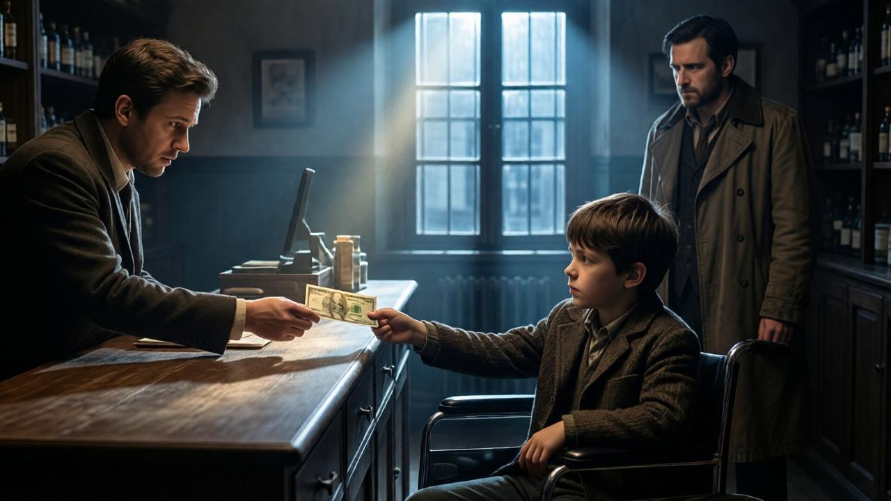 Cinematische Innenaufnahme einer altmodischen Apotheke im düsteren Abendlicht. Im Vordergrund ein Junge im Rollstuhl, der einen zerknitterten Geldschein einer skeptischen Kassiererin hinter der Theke entgegenstreckt. Im Hintergrund, im Schatten stehend, beobachtet ein still gekleideter Mann mit abgetragenem Mantel die Szene. Das Licht fällt dramatisch durch das vergitterte Fenster, wirft lange Schatten und betont die angespannten Gesichter. Farbpalette: gedämpfte Brauntöne, ein kalter Blaustich, ein einziger warmer Lichtstrahl auf dem Geldschein. Stil: emotionales, filmisches Drama mit hohem Kontrast.