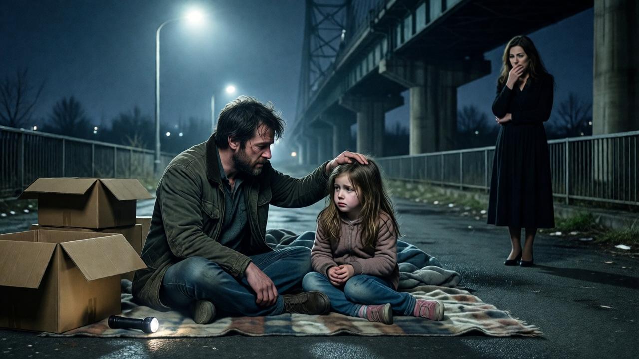 Eine nächtliche Szene unter einer hohen, verlassenen Stadtbrücke. Im fahlen Licht einer einsamen Straßenlaterne sitzt ein erschöpfter Mann auf einer alten Decke neben einem kleinen, frierenden Mädchen. Um sie herum: Pappkartons, eine kaputte Taschenlampe, die karge Welt der Obdachlosigkeit. Der Mann streichelt zärtlich das Haar des Mädchens, sein Gesicht ist eine Maske aus Liebe und Verzweiflung. Im Hintergrund, halb im Dunkel verborgen, steht eine elegante Frau und beobachtet die Szene, ihre Hand vor dem Mund. Atmosphäre: kalt, feucht, trostlos, aber mit einem Funken zärtlicher Wärme zwischen Vater und Tochter. Cinematischer Stil mit starkem Fokus auf die Gesichtsausdrücke.