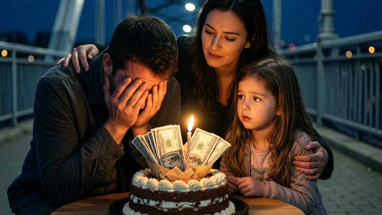 Ein emotionaler, intimer Close-Up: Unter der Brücke kniet die elegante Frau neben dem obdachlosen Mann und seinem kleinen Mädchen. Im Zentrum des Bildes liegt die angeschnittene Geburtstagstorte, aus der ein Bündel hundert Dollar Scheine, eingewickelt in Backfolie, hervorragt. Das Gesicht des Mannes ist in den Händen vergraben, seine Schultern beben. Das Mädchen schaut mit ungläubigem Staunen auf das Geld, ein erstes Hoffnungslicht in ihren Augen. Die Frau legt tröstend eine Hand auf die Schulter des Mannes. Die Szene ist von dem warmen, goldenen Licht der Geburtstagskerze erhellt, das einen starken Kontrast zur kalten, blauen Nachthaftigkeit der Umgebung bildet. Stil: zutiefst bewegend, realistisch, mit Fokus auf die menschliche Berührung und die überwältigende Emotion.