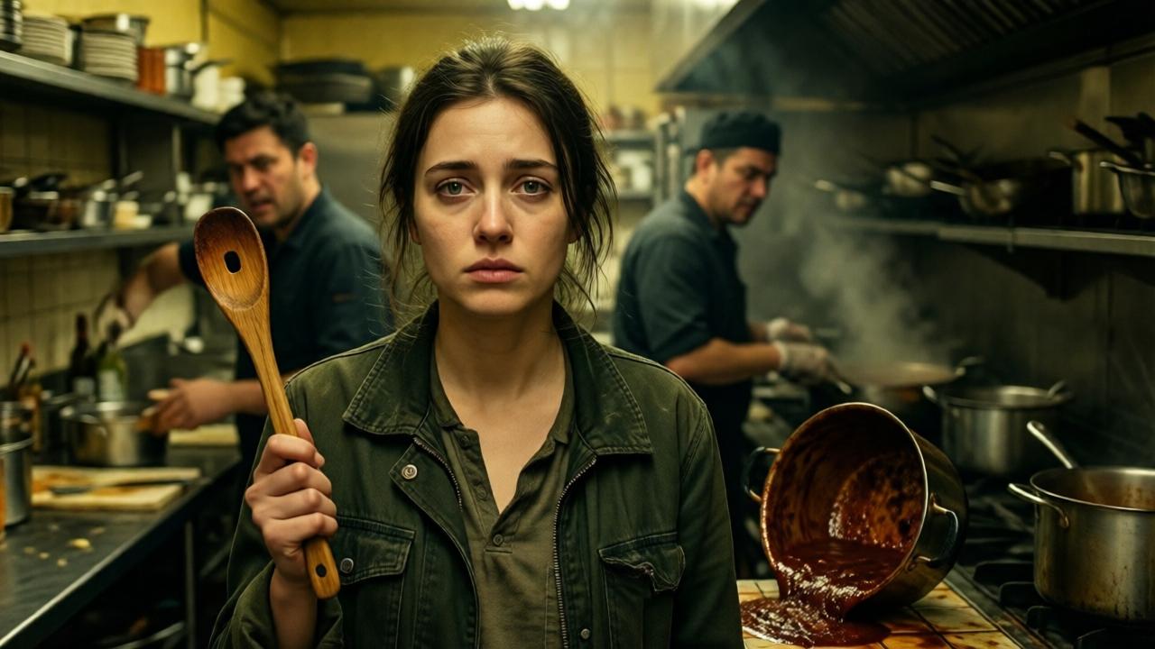 Eine junge Frau, Vivian, Mitte 20, mit müden, aber entschlossenen Augen, steht in einer engen, düsteren Restaurantküche in Brooklyn. Das Licht ist gelblich und flackernd. Sie hält einen löchrigen Holzlöffel in der Hand, während im Hintergrund verschwommene, abwertende Gestalten von anderen Köchen zu sehen sind. Ein Topf mit einer dunklen Soße wurde gerade vor ihr auf den schmutzigen Fliesenboden gekippt. Die Stimmung ist bedrückend, die Farbpalette besteht aus schmutzigen Brauntönen, Olivgrün und mattem Orange. Cinematografischer Stil mit starkem Chiaroscuro, emotional und realistisch.