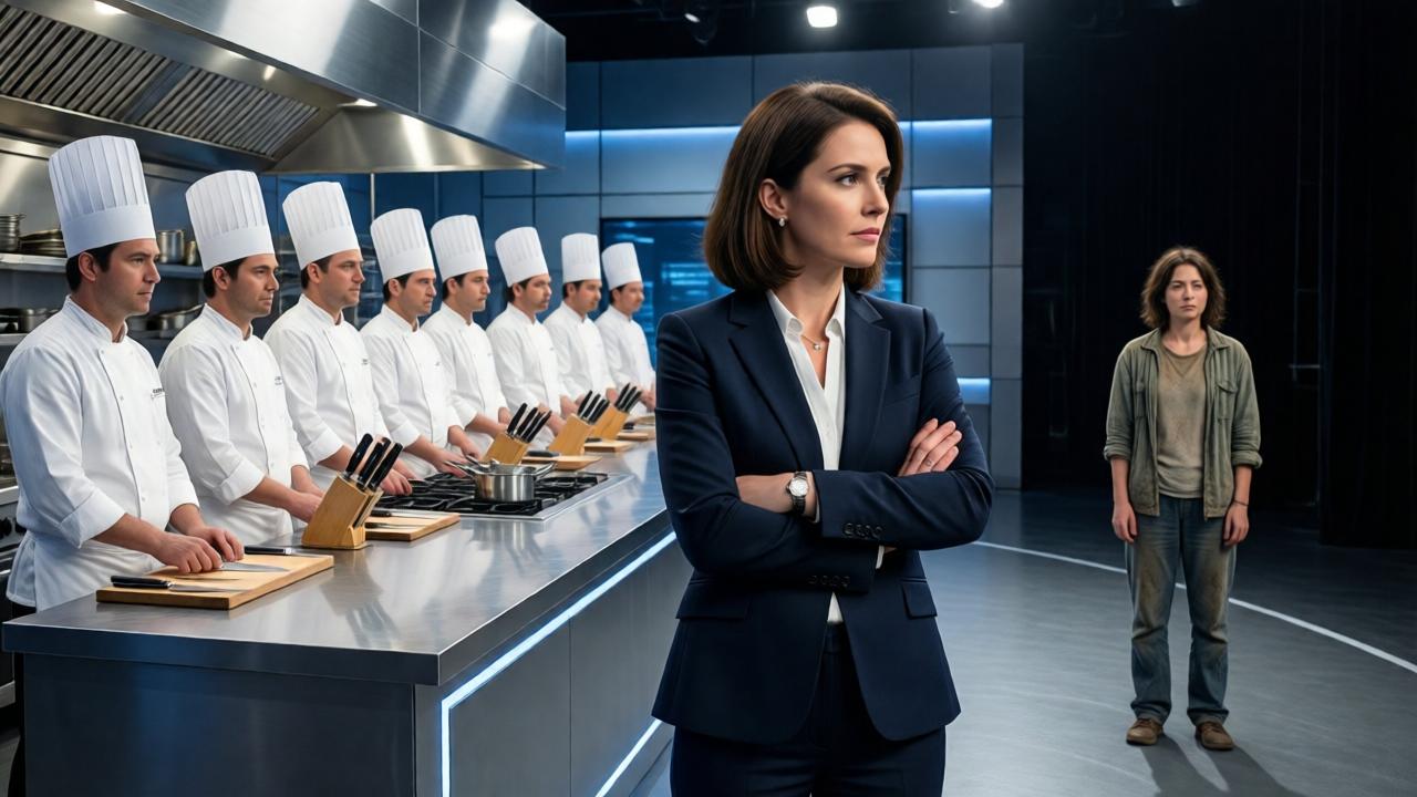 Kontrastreiche Szene: Links der helle, sterile, hypermoderne Fernsehstudio-Küchenbereich mit 20 professionellen Köchen in makellosen weißen Jacken und mit glänzenden Messersets. Rechts, isoliert und klein wirkend, steht Vivian in ihrer einfachen, leicht abgenutzten Alltagskleidung. Dazwischen, im Fokus, Charlotte, die Jurorin, elegant in einem scharfen Business-Outfit, die Arme vor der Brust verschränkt. Ihr Blick ist herablassend auf Vivian gerichtet. Dramatische Beleuchtung, die Vivian fast wie eine Bühnenfigur isoliert. Cinematografisch, hoher Kontrast.