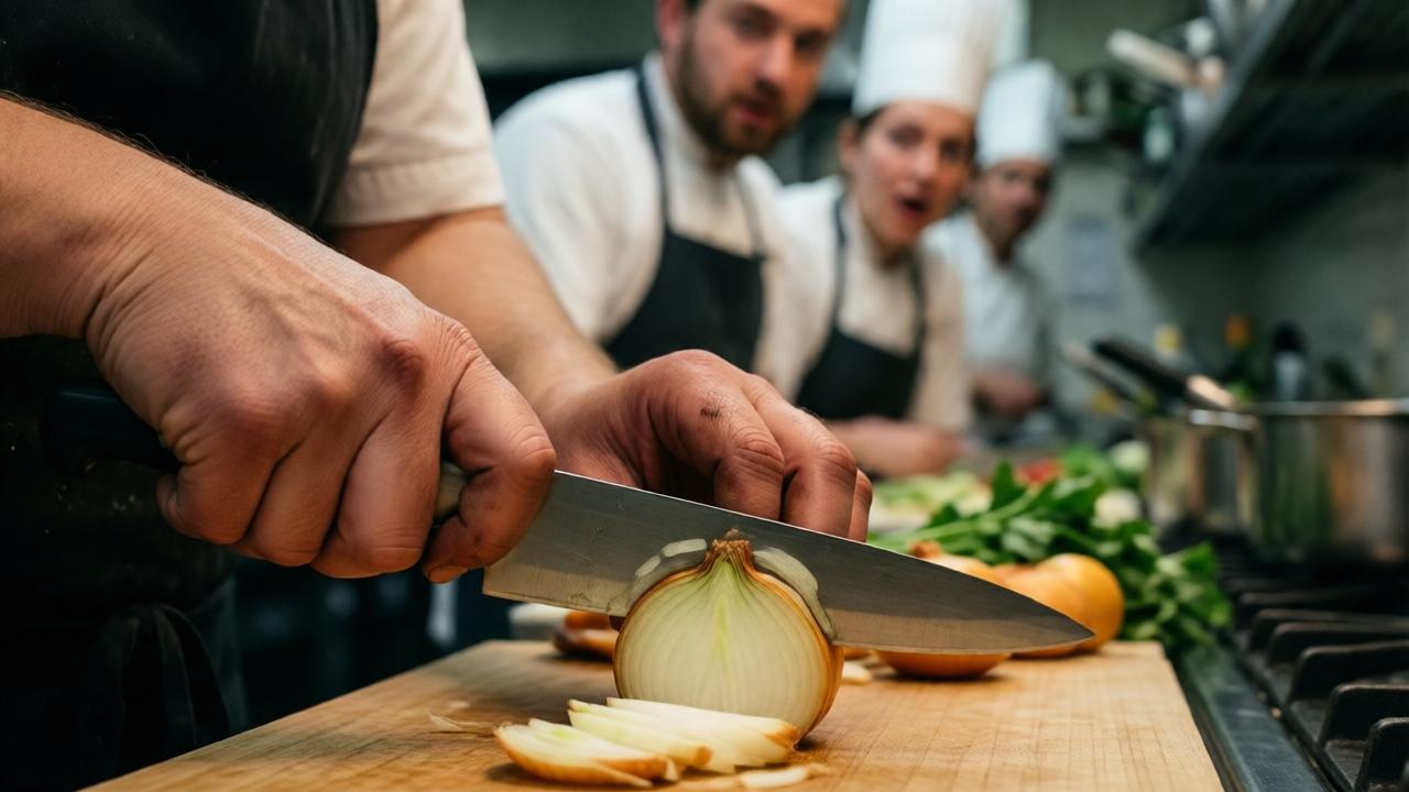 Nahaufnahme von Vivians Händen bei der Arbeit an einem Herd. Ihre Hände sind geschickt, sicher, mit leichten Narben oder kleinen Verbrennungen von der jahrelangen Arbeit. Sie schneidet eine Zwiebel mit erstaunlicher Präzision und Geschwindigkeit, obwohl das Messer einfach aussieht. Im unscharfen Hintergrund sind die erstaunten und nun stillen Gesichter der anderen Köche und von Charlotte zu erahnen. Das Licht konzentriert sich ganz auf ihre Hände und die frischen Zutaten. Die Stimmung ist intensiv, fokussiert und wandelt sich von Demütigung zu stiller Stärke. Cinematografisch, warmes Licht auf den Händen.
