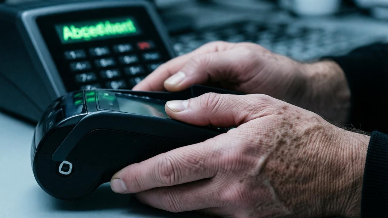 Dramatische Nahaufnahme der Hände eines älteren Mannes, die auf einem schwarzen Kartenleser zittern. Die Hände sind von Altersflecken gezeichnet, die Knöchel weiß vor Anspannung. Im unscharfen Hintergrund ist die grüne 'Abgelehnt'-Anzeige des Geräts zu sehen. Das Licht ist kalt und grell, die Stimmung ist von Scham und Verzweiflung geprägt. Cinematographischer Stil mit starkem Kontrast zwischen den zitternden Händen im Vordergrund und der harten Technologie dahinter.