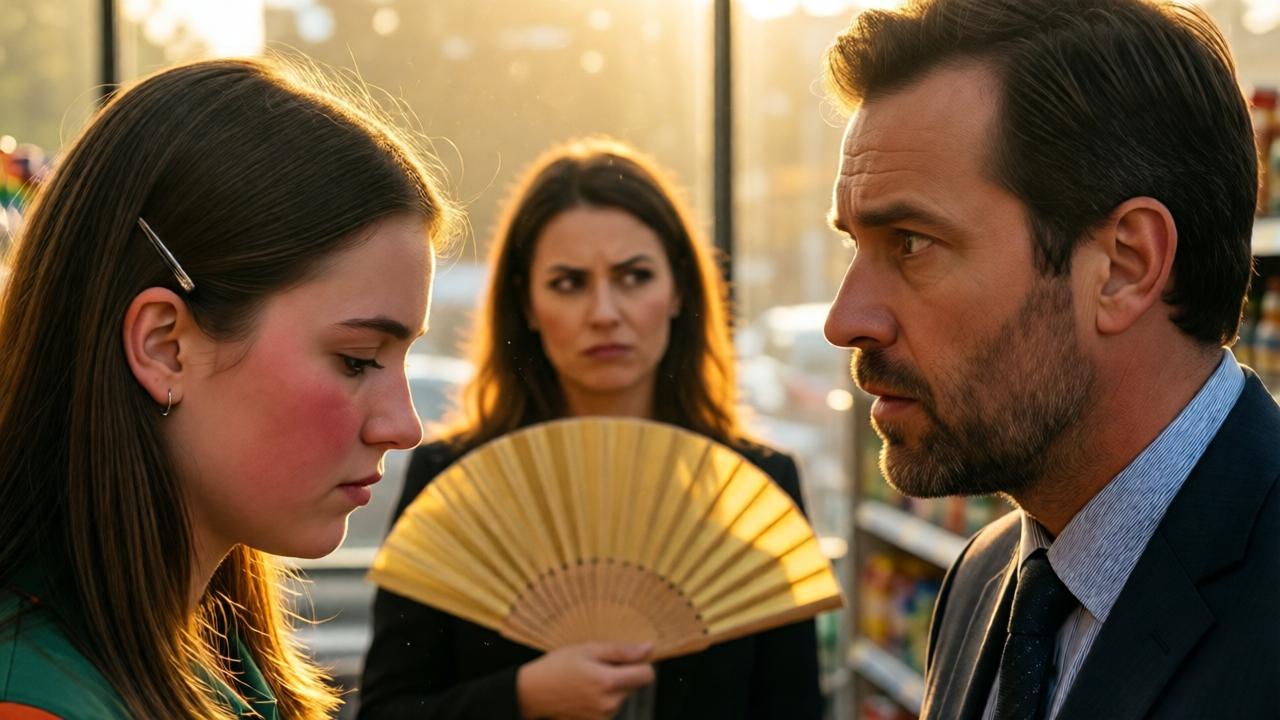 Zwei kontrastierende Gesichter im Profil: Links die junge Kassiererin Lena mit gesenktem Blick und erröteten Wangen, rechts der strenge, aber nun überraschte Manager, der sie anblickt. Dazwischen, leicht unscharf, die arrogante Frau mit hochgezogener Augenbraue, die den Konflikt schürt. Das Bild ist in einem warmen, goldenen Nachmittagslicht getaucht, das durch die Supermarktfenster fällt und Staubkörnchen in der Luft sichtbar macht. Der Fokus liegt auf der emotionalen Spannung zwischen den Charakteren, ein Moment der Wahrheit vor der Kulisse alltäglicher Regale.