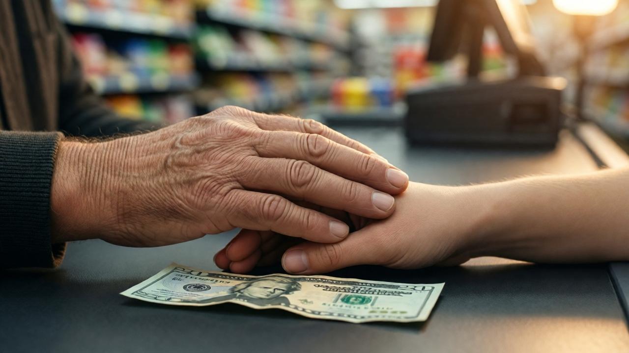 Emotionale Nahaufnahme der Hände des alten Mannes und der jungen Kassiererin. Seine runzlige, von Lebenserfahrung gezeichnete Hand liegt sanft auf ihrer jungen, glatten Hand, die auf dem Kassentresen ruht. Dazwischen liegt der zerknitterte 20-Dollar-Schein als stummes Zeugnis. Das Licht ist nun weich und warm, fast heilig, und fällt von der Seite ein, um die Textur der Haut und die Zärtlichkeit der Geste zu betonen. Im extrem unscharfen Hintergrund sind die Regale des Supermarkts nur noch farbige Flecken. Der Fokus liegt ganz auf dieser menschlichen Verbindung, einem Moment der Heilung und Hoffnung.