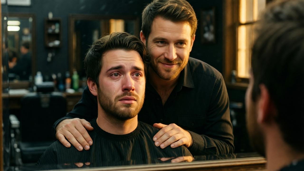 Emotionale Nahaufnahme der beiden Männer im Spiegel des Friseurstuhls. Jaydens Gesicht ist von ungläubiger Erleichterung und Tränen gezeichnet, während Noah hinter ihm steht, die Hände tröstend auf seinen Schultern, ein bescheidenes, wissendes Lächeln auf den Lippen. Das Spiegelbild zeigt ihre Gesichter klar, reflektiert aber auch den dunklen, leeren Salon im Hintergrund. Stil: warmes, goldenes Seitenlicht, das ihre Gesichter wie ein Gemälde hervorhebt. Cinematographie, die an einen intimen Filmstill erinnert.