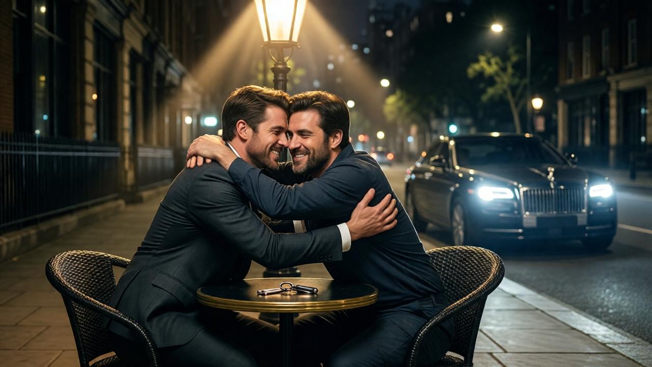 Weitwinkelaufnahme des nächtlichen Bürgersteigs, beleuchtet von der schwachen Laterne und den Scheinwerfern eines teuren Autos im Hintergrund. Im Vordergrund umarmen sich zwei Männer – Jayden im maßgeschneiderten Anzug und Noah in seiner einfachen Arbeitskleidung – in einer kraftvollen, vergebenden Umarmung. Der Schlüsselbund glänzt auf dem kleinen Tisch zwischen ihnen. Die Komposition ist symmetrisch und hoffnungsvoll, mit einem warmen Lichtkegel, der sie umgibt, während die Stadt in Dunkelheit und Unschärfe verschwindet. Stil: cinematografisches Finale, emotional aufgeladen, mit einem Hauch magischen Realismus.