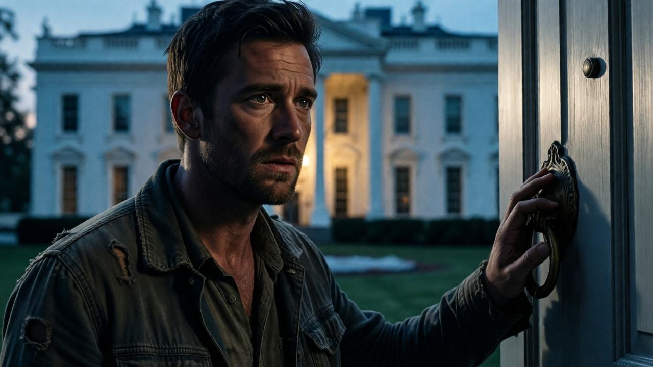 Cinematische Nahaufnahme eines Mannes in zerrissener, schmutziger Kleidung vor der prächtigen, hell erleuchteten Tür eines Herrenhauses bei einbrechender Dämmerung. Sein Gesicht ist halb im Schatten, der Ausdruck eine Mischung aus Hoffnung und Angst. Die Hand liegt zögernd auf dem Türklopfer. Der Stil ist dramatisch-realistisch mit hohem Kontrast, kühlen Blau- und Grautönen dominieren, nur ein warmer Lichtschein fällt aus dem Haus. Die Komposition ist eng, um die emotionale Spannung zu steigern.