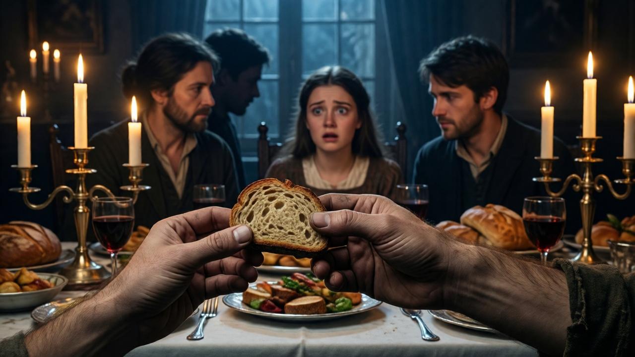 Dramatische Innenaufnahme eines reich gedeckten Festtisches im Kerzenschein. Im Vordergrund eine grobe Hand, die einem unsichtbaren Gast ein trockenes Brotstück hinhält. Im Hintergrund sind die schemenhaften, abgewandten Gestalten der Mutter und des Bruders zu sehen, während die Schwester mit entsetztem Gesichtsausdruck dazwischen sitzt. Der Stil ist malerisch-dramatisch, inspiriert von Caravaggio, mit starkem Chiaroscuro: warmes, goldenes Licht auf dem Essen und der Schwester, der 'arme' Bruder und das Brot in kalten, bläulichen Schatten getaucht.