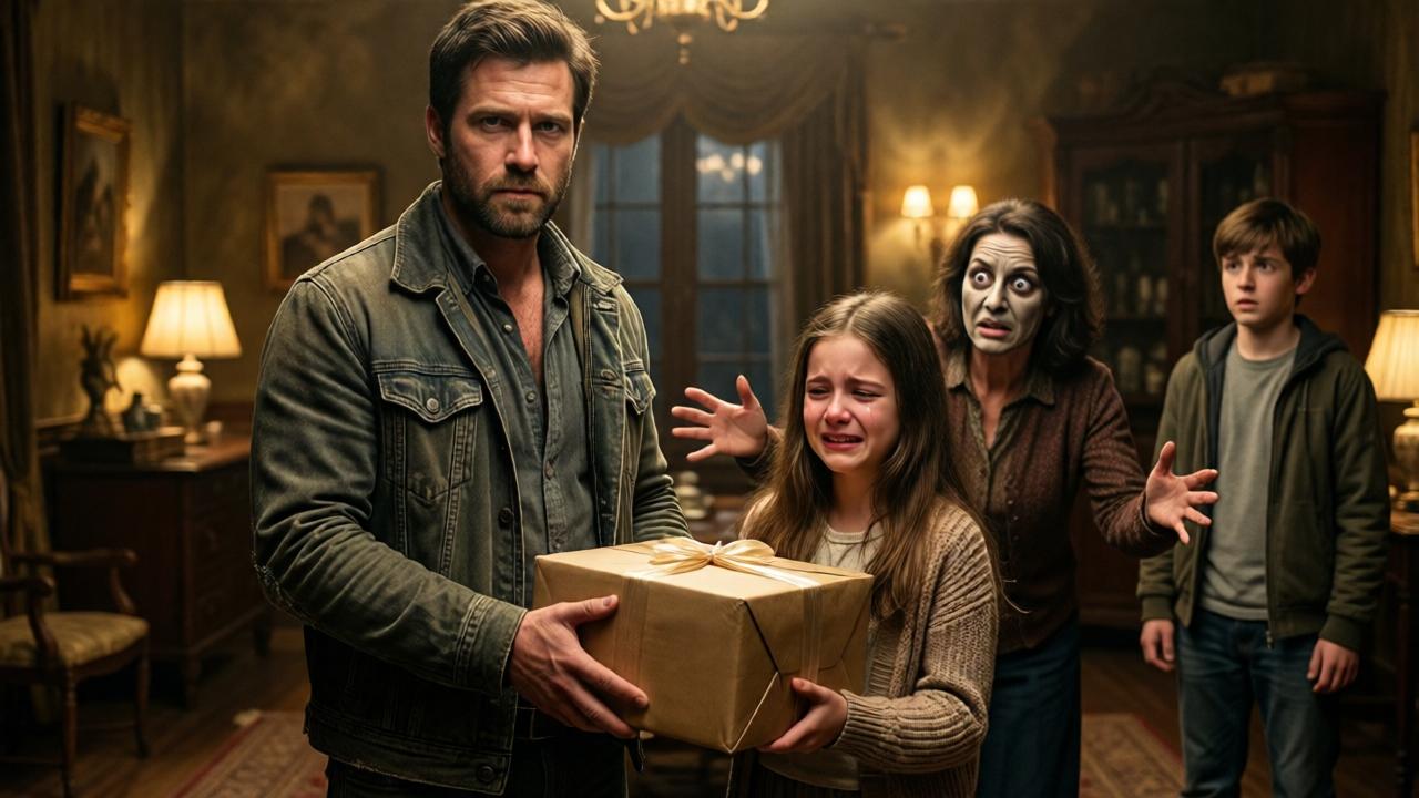 Hochdramatischer Moment: Der Mann steht jetzt aufrecht und selbstbewusst da, die abgetragene Jacke ist geöffnet, darunter schimmert feine Kleidung. Er reicht seiner weinenden Schwester ein schweres Paket. Die Mutter im Hintergrund stürzt mit gierig aufgerissenen Augen und ausgestreckten Händen auf ihn zu, ihr Gesicht ist eine Maske der Berechnung. Der Bruder steht fassungslos da. Cinematographischer Stil mit extremem Weitwinkel für Dramatik, fokussiertes Spotlight auf das Paket und die Geschwister, der Rest des Raumes in unscharfem, düsterem Gold und Rot.