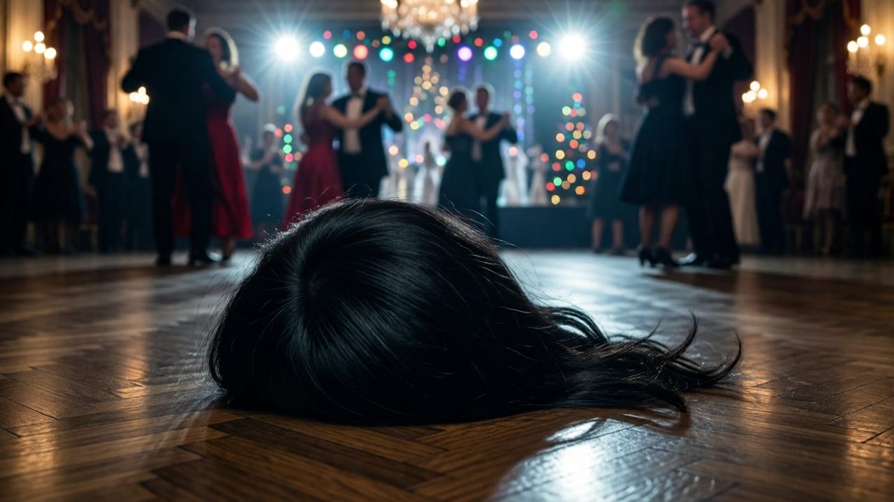 Cinematische Nahaufnahme einer schwarzen Perücke, die verlassen auf einem glänzenden, dunklen Parkettboden eines festlich dekorierten Festsaals liegt. Im unscharfen Hintergrund sind tanzende Silhouetten und bunte Partylicher zu sehen. Die Stimmung ist unheilvoll, der Fokus liegt auf dem einsamen Objekt, das im Mittelpunkt der Demütigung steht. Dramatische Beleuchtung mit starken Kontrasten zwischen hellen Lichtern und tiefen Schatten. Stil: emotionales Drama, hohe Detailtreue.