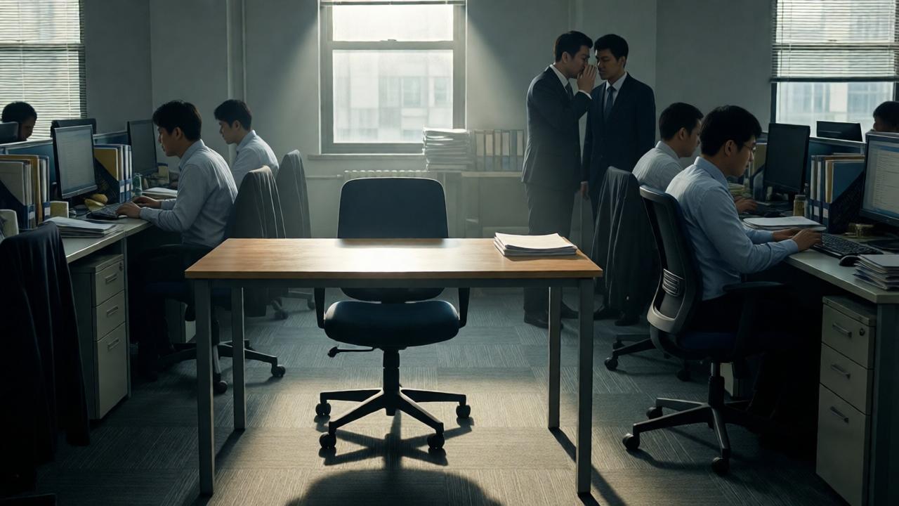 Dramatische Szene in einer Büroetage am nächsten Tag. Ein leerer, aufgeräumter Schreibtisch steht isoliert im Mittelpunkt des Bildes, umgeben von den geschäftigen, vollen Arbeitsplätzen der Kollegen. Ein Sonnenstrahl fällt durch ein Fenster und beleuchtet den leeren Stuhl und die blanke Tischplatte. Die Atmosphäre ist unheimlich und bedrückend. Im Hintergrund stehen zwei Kollegen und tuscheln, ihre Gesichter zeigen eine Mischung aus Neugier und verhaltener Unsicherheit. Stil: düsteres Drama, hoher Kontrast, emotional aufgeladen.