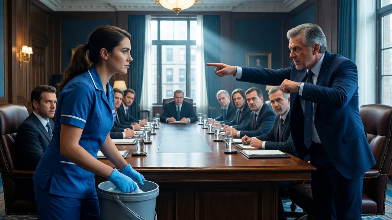 Cinematische Aufnahme eines opulenten Konferenzraums in Manhattan. Im Vordergrund Clara, 26, in einer einfachen blauen Putzuniform, die einen Eimer abstellt. Ihr Gesicht ist im Halbprofil, entschlossen und ruhig, während sie die zehn angespannten Anwälte am langen Tisch ansieht. Leonardo, ein älterer Mann mit grauen Schläfen, steht am Kopfende, zeigt mit ausgestrecktem Arm verächtlich auf sie. Dramatisches Chiaroscuro-Licht, das von den hohen Fenstern fällt, trennt die Welt des Reichtums von der der Dienstleistung. Farbpalette: kalte Blautöne, warmes Holz, ein Akzent des blauen Kittels.