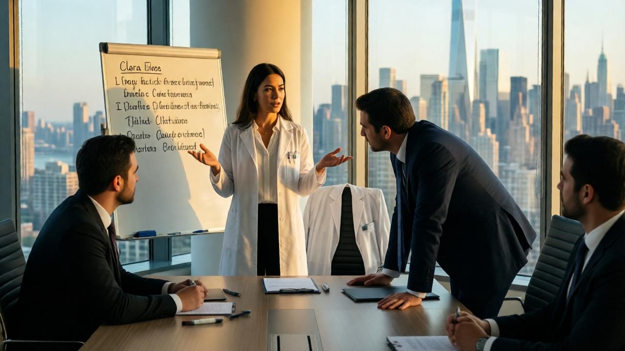 Weitwinkelaufnahme des Konferenzraums von hinten. Clara steht nun an der Spitze des Tisches, vor einem Whiteboard, auf das sie mit Markern juristische Begriffe auf Mandarin und Deutsch geschrieben hat. Sie erklärt mit ruhigen, bestimmten Gesten. Die Anwälte, darunter Leonardo, der sich nach vorne gelehnt hat, hören ihr gebannt zu. Ihr Putzkittel ist über die Lehne eines Stuhls geworfen, darunter trägt sie ein einfaches weißes Shirt. Durch die großen Fenster sieht man die Skyline von Manhattan im späten Nachmittagslicht. Die Stimmung ist von angespannter Konzentration zu respektvoller Aufmerksamkeit umgeschlagen. Farben: warmes Gold des Sonnenlichts, kontrastiert mit den kühlen Blau- und Grautönen der Stadt.