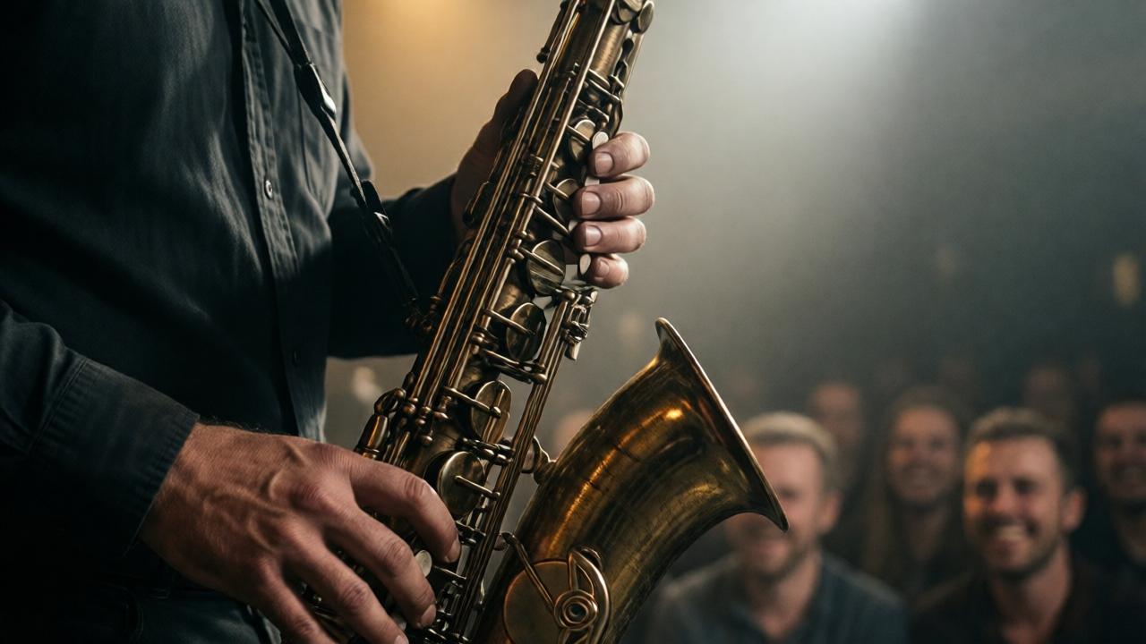 Cinematische Nahaufnahme von Daniels Händen, die ein altes, abgenutztes Saxophon halten, kurz bevor er es an die Lippen führt. Das Licht der Bühnenbeleuchtung fällt dramatisch schräg von oben, wirft tiefe Schatten auf seine schmutzigen Fingerknöchel und die glänzenden Klappen des Instruments. Die Stimmung ist angespannt, erwartungsvoll, die Farben sind gedämpft in Ocker- und Grautönen, der Fokus liegt auf der Verletzlichkeit und Entschlossenheit in seinen Händen. Im unscharfen Hintergrund ist das grinsende Publikum zu erahnen.