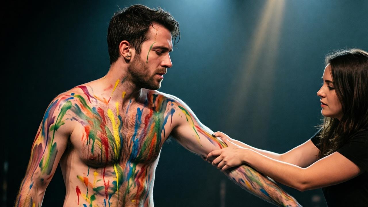 Dramatischer Moment des Übergangs: Daniel, komplett mit bunten Farbstreifen überströmt, steht regungslos auf der Bühne. Claire hat ihn sanft am Arm gepackt, um ihn fortzuziehen. Sein Gesicht ist im Profil zu sehen, die Augen sind geschlossen, die Züge sind angespannt im inneren Kampf. Ein einzelner Farbtropfen rinnt von seiner Wange. Das Bühnenlicht bricht sich in den nassen Farben auf seiner Haut. Die Komposition ist emotional aufgeladen, zeigt den Moment der Entscheidung zwischen Flucht und Standhaftigkeit.