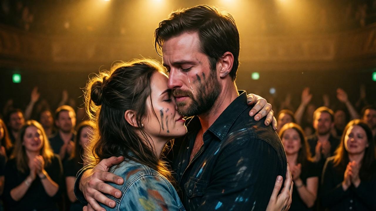 Hoch emotionales, bewegendes Wiedersehen auf der Bühne. Claire und Daniel umarmen sich innig, ihr Gesicht ist in seine farbbedeckte Schulter gedrückt, seine Augen sind geschlossen, Tränen bahnen sich saubere Pfade durch die Farbspuren auf seinen Wangen. Das Bühnenlicht umgibt sie mit einem warmen, goldenen Schein, der sie vom dunkleren, unscharfen Hintergrund des weinenden und applaudierenden Publikums abhebt. Die Komposition ist intim und kraftvoll, konzentriert sich ganz auf die heilende Umarmung zwischen Mutter und Sohn nach Jahren der Trennung.