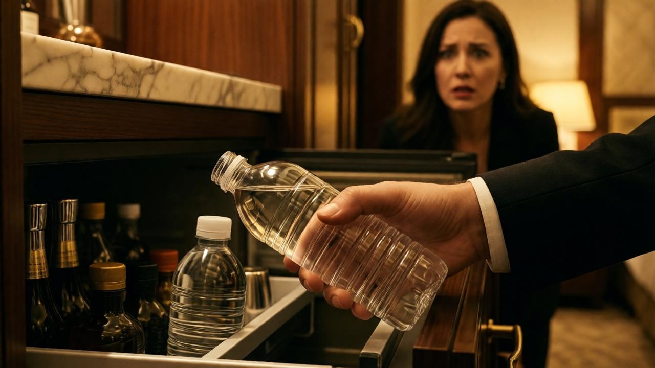 Cinematische Nahaufnahme einer Hand, die eine glänzende, teure Mineralwasserflasche aus der Minibar eines Luxushotelzimmers nimmt. Das Licht ist warm und gedämpft, fällt auf Marmoroberflächen und teure Holzverkleidungen. Im unscharfen Hintergrund steht eine elegante Frau, die die Szene mit einem Mix aus Verwirrung und Faszination beobachtet. Die Stimmung ist gespannt und intim, die Farben sind reiche Gold- und Bernsteintöne. Komposition: Extreme Nahaufnahme der Flasche und der Hand, die den Fokus auf die banale, doch bedeutungsvolle Geste legt.